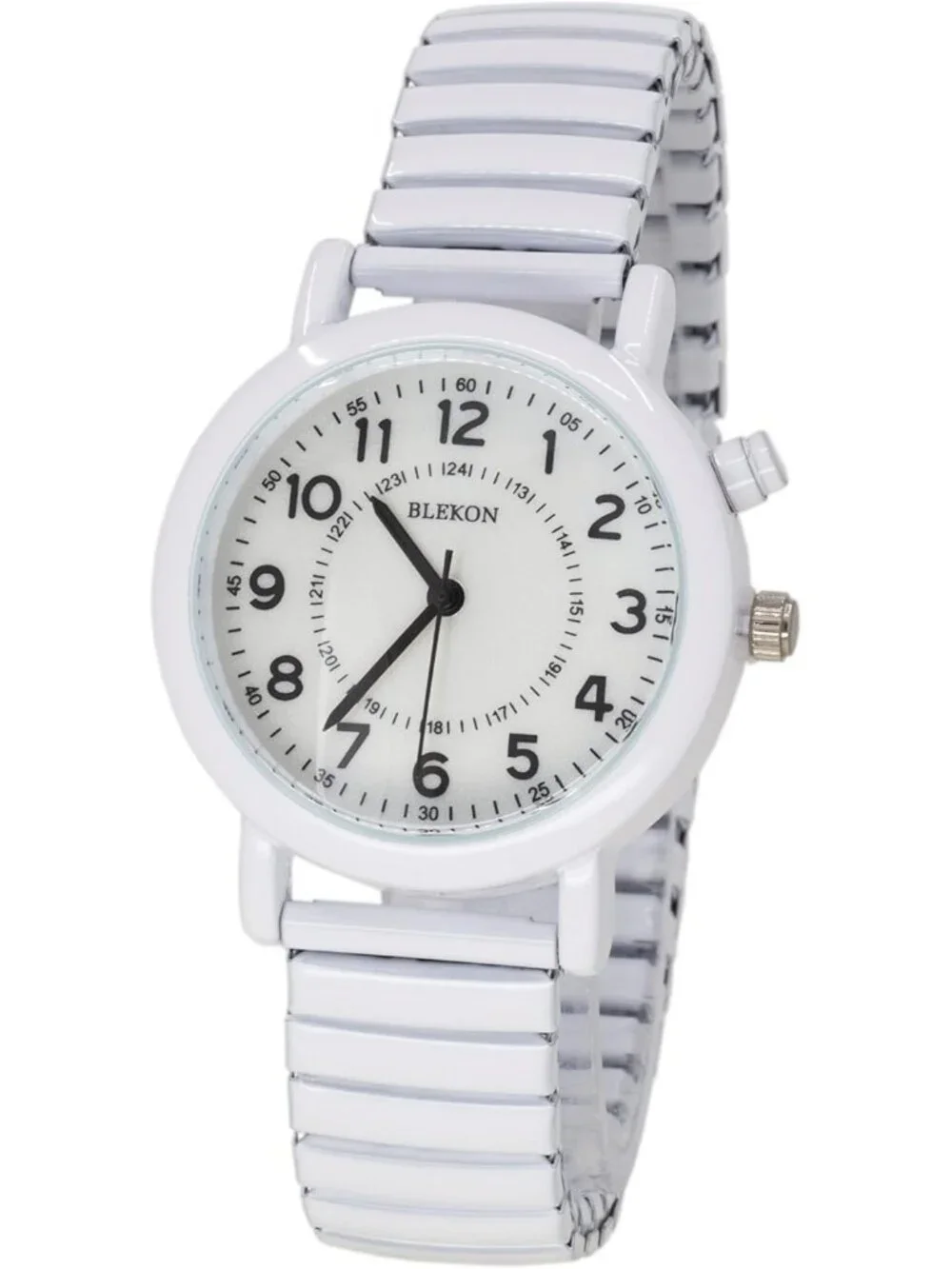 Women's White Analog Display Push Button Glossy Expansion Band Wrist Watch
